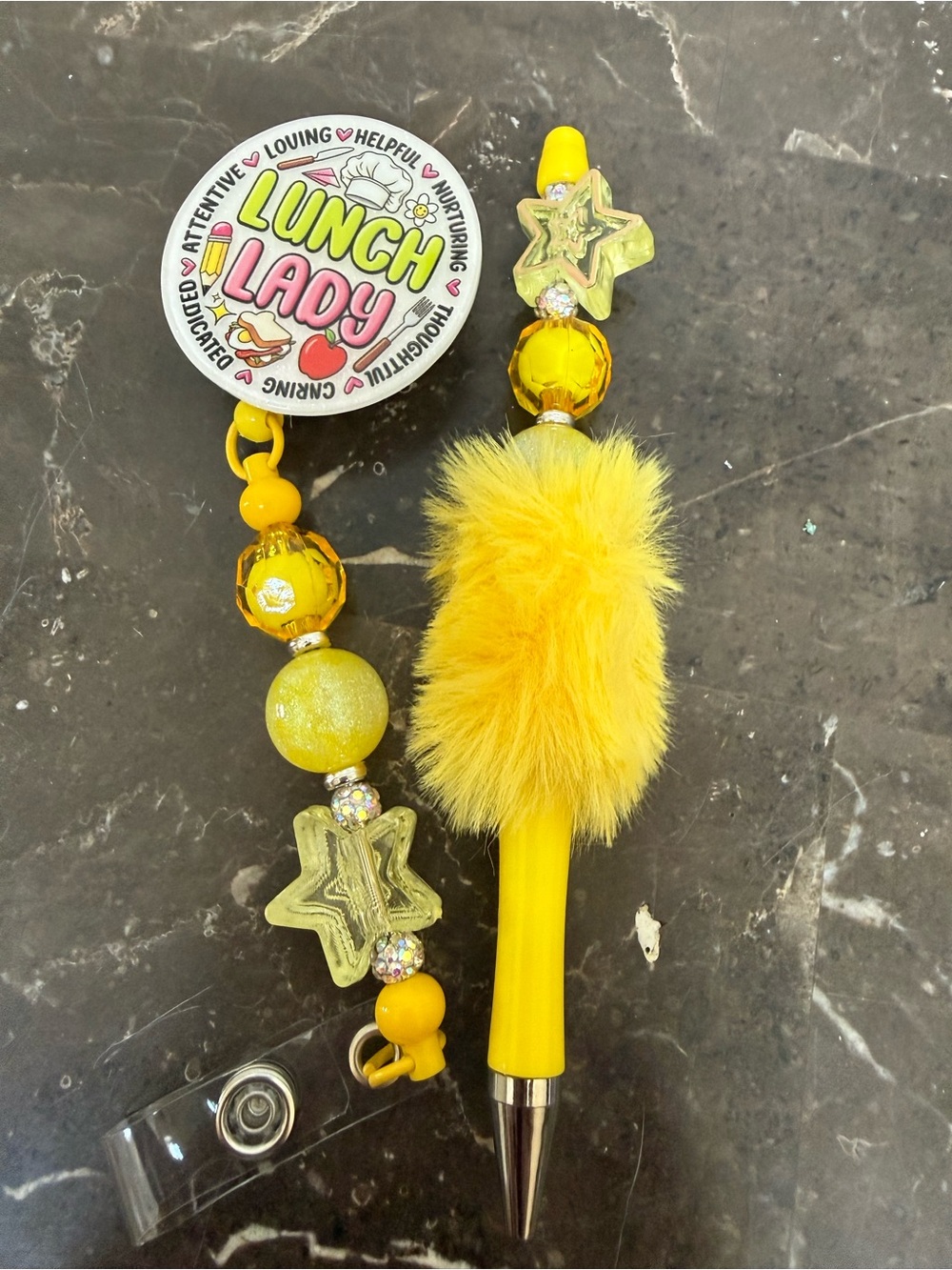 Lunch Lady Yellow Fur Beaded Pen and Matching Badge Reel Set Handmade